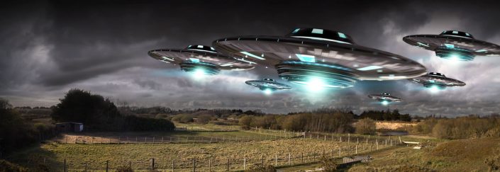Flying saucers over a farm Flying saucers over a farm