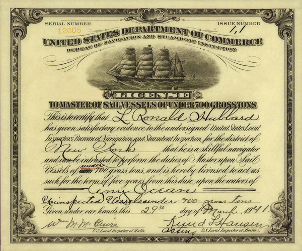 L. Ron Hubbard's Master Sail Vessel License