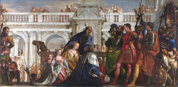 Alexander the Great battle when he defeated the Persian King Darius III, and this is “The Family of Darius before Alexander” painted by Paolo Veronese.]