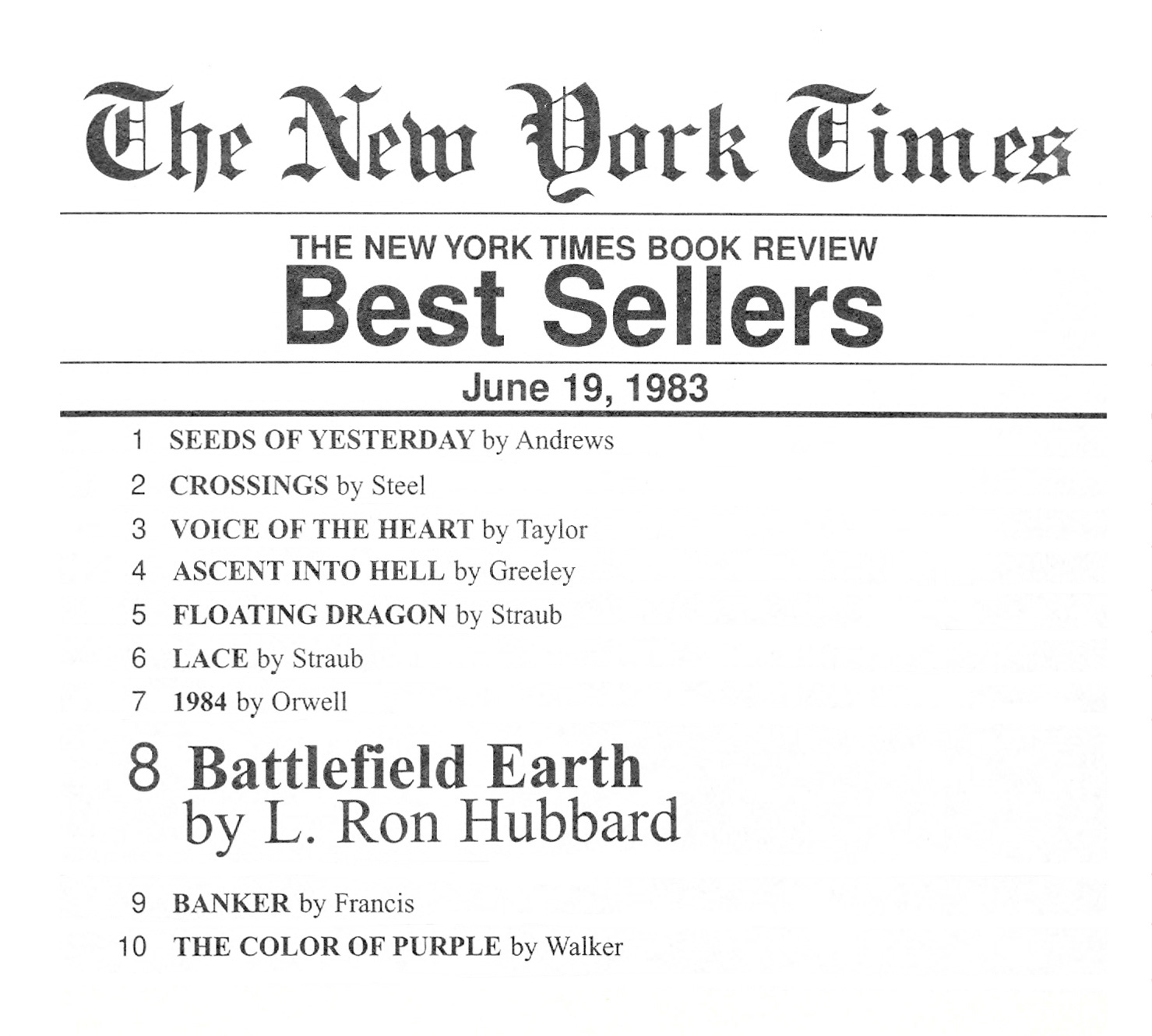 New York Times Best Sellers - Battlefield Earth #8