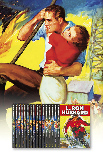 Action & Adventure collection of titles against a dramatic pulp-style scene of a man carrying a woman as they swing down to safety from an oil derrick with flames rising behind them, set against a vivid yellow background.