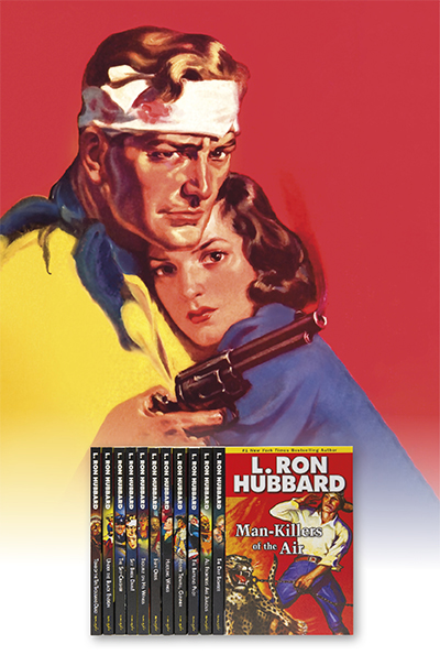 Historical Fiction collection of titles against a bold pulp-style illustration of a bandaged man protectively holding a woman with a gun in his hand, set against a vivid red background.