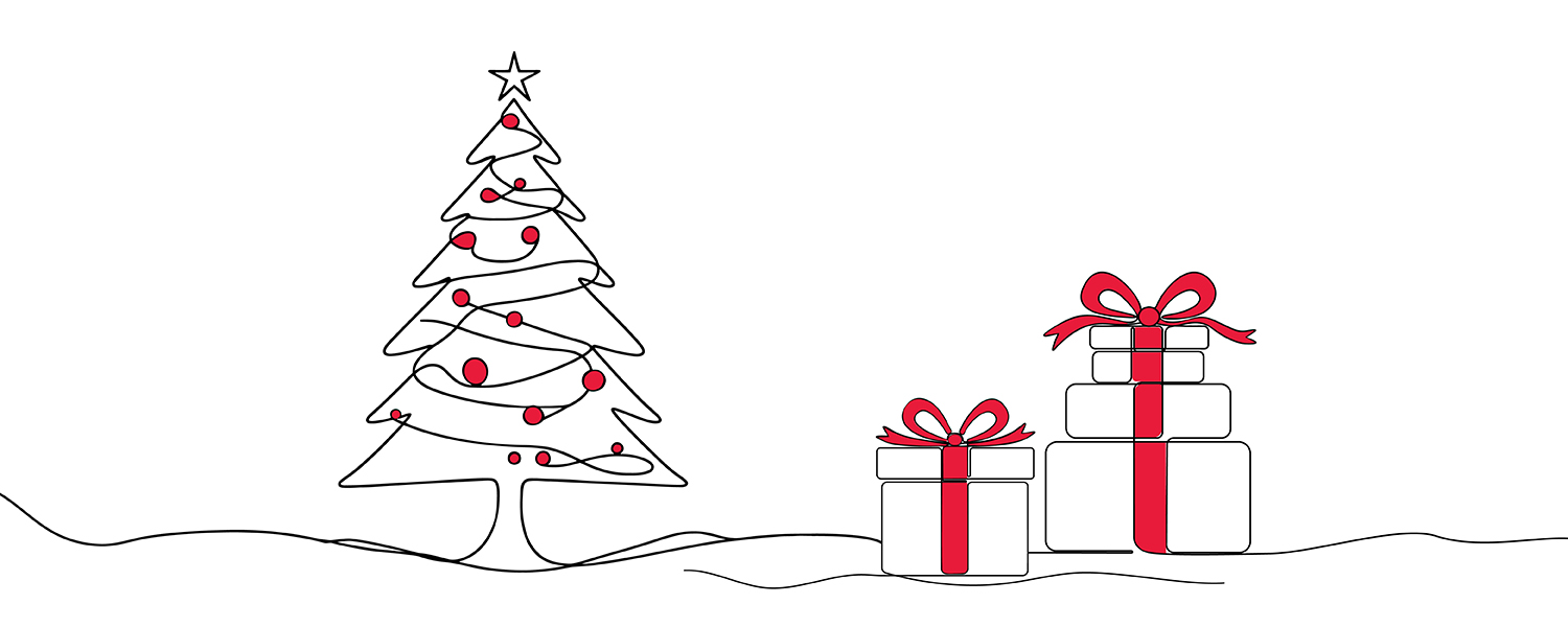 Line drawing of a Christmas tree against white with red bulbs next to wrapped presents with red bows.