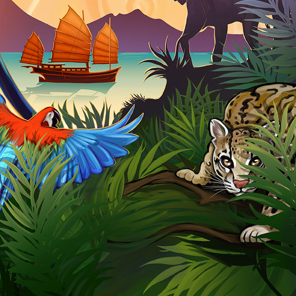 A vibrant jungle scene featuring a colorful macaw in flight and a watchful leopard crouched among lush green foliage, with a red-sailed Chinese dhow gliding across calm waters under a warm sunset sky.