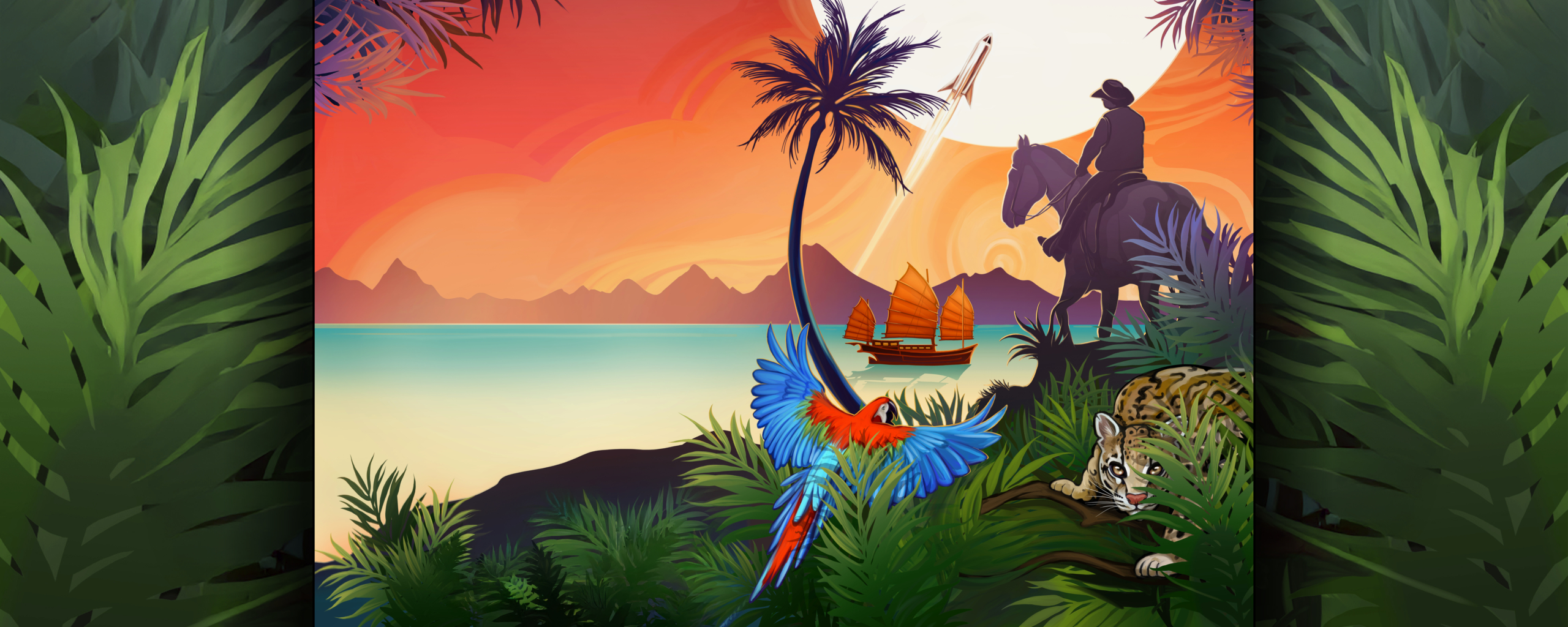 A vivid scene of adventure and discovery: a rider on horseback overlooks a glowing sunset sea, where a red-sailed dhow drifts and a spacecraft ascends skyward. In the lush foreground, A vibrant jungle scene featuring a colorful macaw in flight and a watchful leopard crouched among lush green foliage.