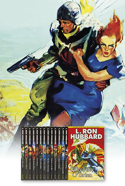 Military & War Collection of titles with a man holding a run in one hand and a woman in his other arm while they are parachuting from the sky.