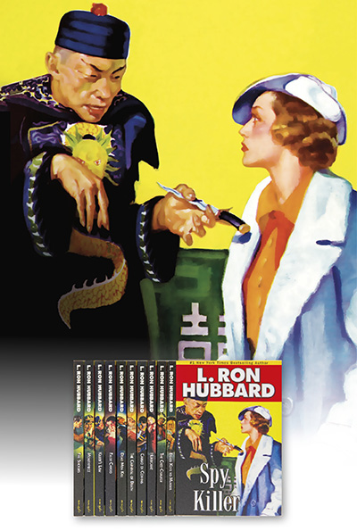 Mystery & Suspense collection of titles against a dramatic pulp-style illustration showing an Asian man in traditional attire holding a knife with the handle pointed to a woman in a white coat and hat, set against a bright yellow background.