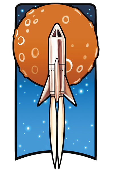 Illustration of a rocket shooting up with a red-orange planet behind it