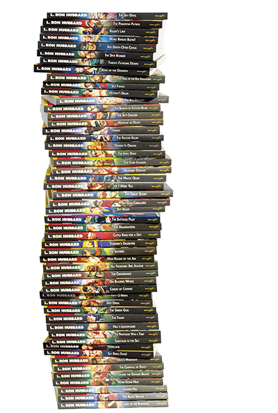 A tall stack of the Stories from the Golden Age titles with spines showing