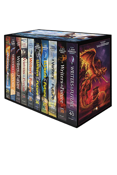 The Writers of the Future slip case with ten of the Writers of the Future anthologies inside