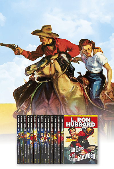Western Collection of titles against a background of a man and woman on horseback. The man has his pistol raised and pointing to the left.